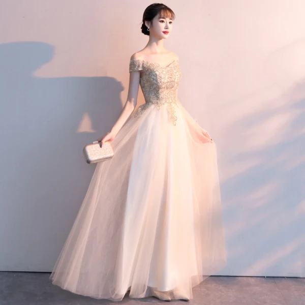 Affordable Gold Evening Dresses 2019 A-Line / Princess Off-The-Shoulder Short Sleeve Appliques Lace Rhinestone Floor-Length / Long Ruffle Backless Formal Dresses