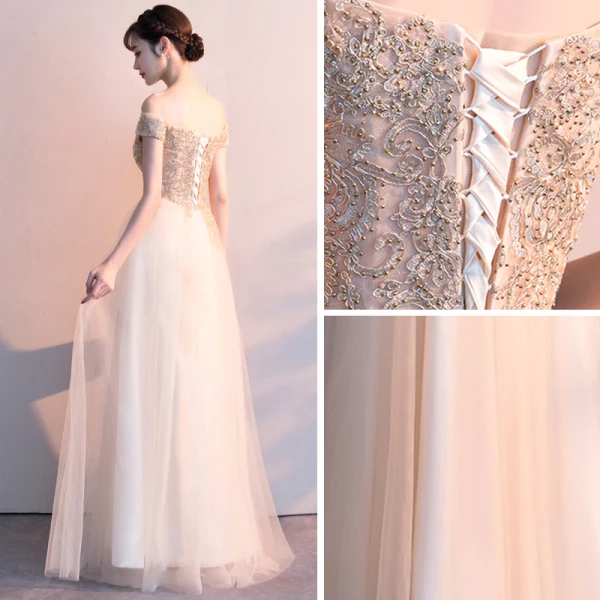 Affordable Gold Evening Dresses 2019 A-Line / Princess Off-The-Shoulder Short Sleeve Appliques Lace Rhinestone Floor-Length / Long Ruffle Backless Formal Dresses