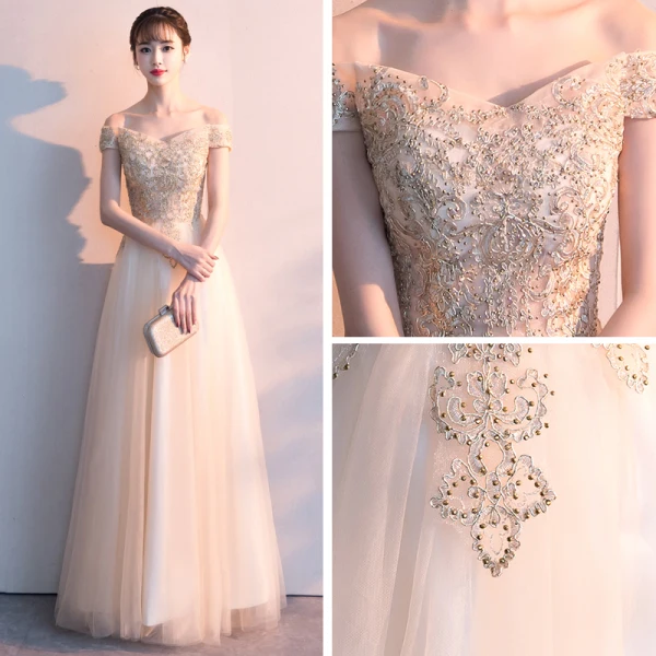 Affordable Gold Evening Dresses 2019 A-Line / Princess Off-The-Shoulder Short Sleeve Appliques Lace Rhinestone Floor-Length / Long Ruffle Backless Formal Dresses