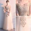 Affordable Gold Evening Dresses  2019 A-Line / Princess Off-The-Shoulder Short Sleeve Appliques Lace Rhinestone Floor-Length / Long Ruffle Backless Formal Dresses