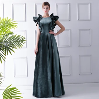 Unique Bleu D 039 Encre Daim Robe De Soirée 2019 Princesse Encolure Dégagée Sans Manches Longue Volants Dos Nu Robe De Ceremonie