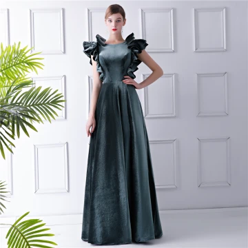 Unique Bleu D 039 Encre Daim Robe De Soirée 2019 Princesse Encolure Dégagée Sans Manches Longue Volants Dos Nu Robe De Ceremonie