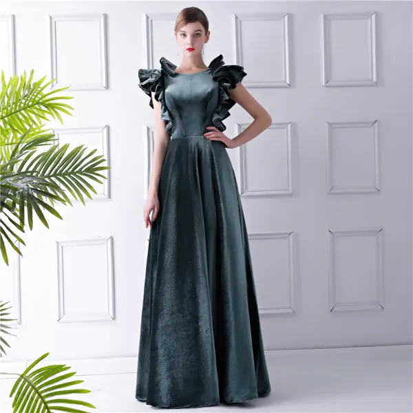 Amazing / Unique Ink Blue Suede Evening Dresses  2019 A-Line / Princess Scoop Neck Sleeveless Floor-Length / Long Ruffle Backless Formal Dresses