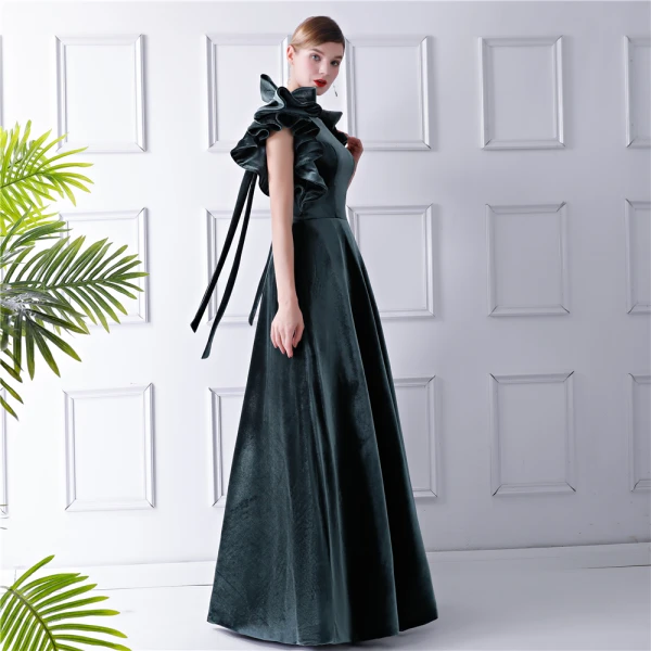 Unique Bleu D'encre Daim Robe De Soirée 2019 Princesse Encolure Dégagée Sans Manches Longue Volants Dos Nu Robe De Ceremonie