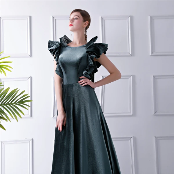 Unique Bleu D'encre Daim Robe De Soirée 2019 Princesse Encolure Dégagée Sans Manches Longue Volants Dos Nu Robe De Ceremonie