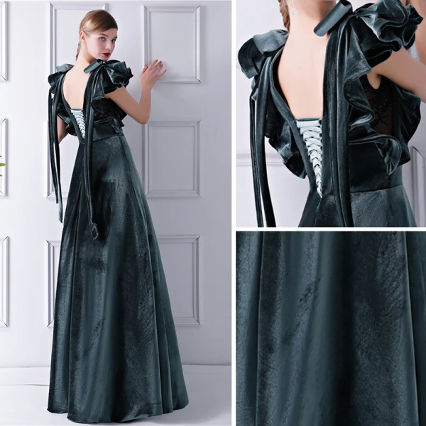 Unique Bleu D'encre Daim Robe De Soirée 2019 Princesse Encolure Dégagée Sans Manches Longue Volants Dos Nu Robe De Ceremonie