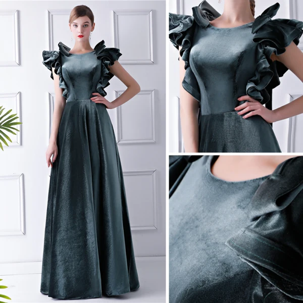 Unique Bleu D'encre Daim Robe De Soirée 2019 Princesse Encolure Dégagée Sans Manches Longue Volants Dos Nu Robe De Ceremonie