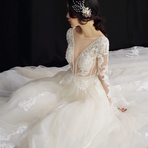 Illusion Champagne Wedding Dresses 2019 A-Line / Princess See-through Deep V-Neck Long Sleeve Backless Appliques Lace Beading Cathedral Train Ruffle