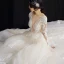 Illusion Champagne Wedding Dresses 2019 A-Line / Princess See-through Deep V-Neck Long Sleeve Backless Appliques Lace Beading Cathedral Train Ruffle