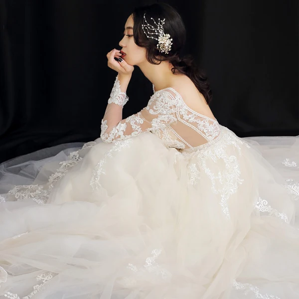 Illusion Champagne Wedding Dresses 2019 A-Line / Princess See-through Deep V-Neck Long Sleeve Backless Appliques Lace Beading Cathedral Train Ruffle