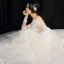 Illusion Champagne Wedding Dresses 2019 A-Line / Princess See-through Deep V-Neck Long Sleeve Backless Appliques Lace Beading Cathedral Train Ruffle