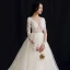 Illusion Champagne Wedding Dresses 2019 A-Line / Princess See-through Deep V-Neck Long Sleeve Backless Appliques Lace Beading Cathedral Train Ruffle