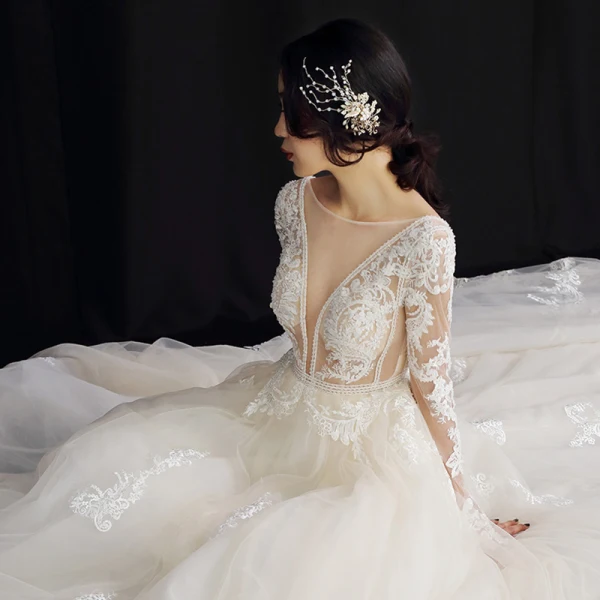 Illusion Champagne Wedding Dresses 2019 A-Line / Princess See-through Deep V-Neck Long Sleeve Backless Appliques Lace Beading Cathedral Train Ruffle