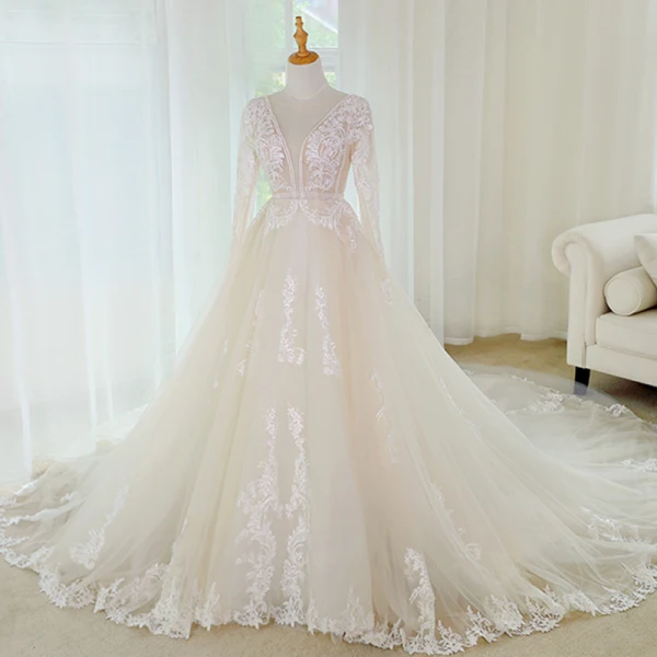 Illusion Champagne Wedding Dresses 2019 A-Line / Princess See-through Deep V-Neck Long Sleeve Backless Appliques Lace Beading Cathedral Train Ruffle