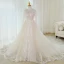 Illusion Champagne Wedding Dresses 2019 A-Line / Princess See-through Deep V-Neck Long Sleeve Backless Appliques Lace Beading Cathedral Train Ruffle