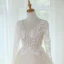 Illusion Champagne Wedding Dresses 2019 A-Line / Princess See-through Deep V-Neck Long Sleeve Backless Appliques Lace Beading Cathedral Train Ruffle