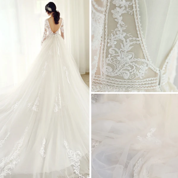 Illusion Champagne Wedding Dresses 2019 A-Line / Princess See-through Deep V-Neck Long Sleeve Backless Appliques Lace Beading Cathedral Train Ruffle