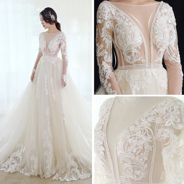 Illusion Champagne Wedding Dresses 2019 A-Line / Princess See-through Deep V-Neck Long Sleeve Backless Appliques Lace Beading Cathedral Train Ruffle
