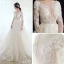 Illusion Champagne Wedding Dresses 2019 A-Line / Princess See-through Deep V-Neck Long Sleeve Backless Appliques Lace Beading Cathedral Train Ruffle