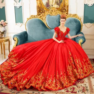 Klassisch Vintage Rot Brautkleider Hochzeitskleider 2019 Prinzessin Eckiger Ausschnitt Geschwollenes Kurze Ärmel Rückenfreies Applikationen Spitze Strass Kapelle Schleppe Rüschen