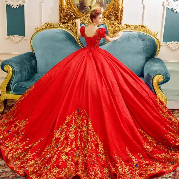 Classique Vintage / Originale Rouge Robe De Mariée 2019 Princesse Encolure Carrée Gonflée Manches Courtes Dos Nu Appliques En Dentelle Faux Diamant Chapel Train Volants