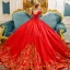 Classique Vintage / Originale Rouge Robe De Mariée 2019 Princesse Encolure Carrée Gonflée Manches Courtes Dos Nu Appliques En Dentelle Faux Diamant Chapel Train Volants