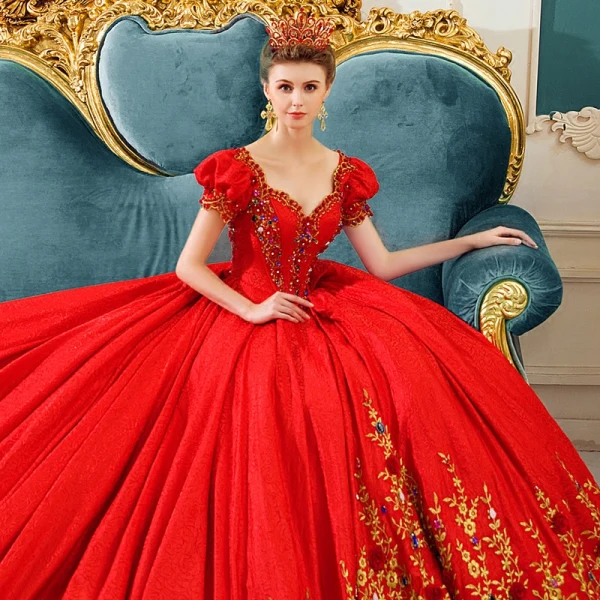 Classique Vintage / Originale Rouge Robe De Mariée 2019 Princesse Encolure Carrée Gonflée Manches Courtes Dos Nu Appliques En Dentelle Faux Diamant Chapel Train Volants