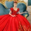 Classique Vintage / Originale Rouge Robe De Mariée 2019 Princesse Encolure Carrée Gonflée Manches Courtes Dos Nu Appliques En Dentelle Faux Diamant Chapel Train Volants