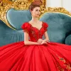 Classic Vintage / Retro Red Wedding Dresses 2019 Princess Square Neckline Puffy Short Sleeve Backless Appliques Lace Rhinestone Chapel Train Ruffle