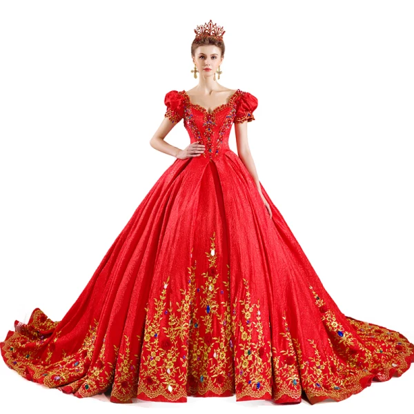 Classique Vintage / Originale Rouge Robe De Mariée 2019 Princesse Encolure Carrée Gonflée Manches Courtes Dos Nu Appliques En Dentelle Faux Diamant Chapel Train Volants