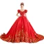 Classique Vintage / Originale Rouge Robe De Mariée 2019 Princesse Encolure Carrée Gonflée Manches Courtes Dos Nu Appliques En Dentelle Faux Diamant Chapel Train Volants