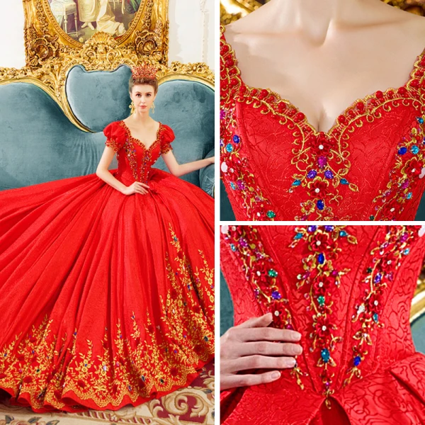 Classique Vintage / Originale Rouge Robe De Mariée 2019 Princesse Encolure Carrée Gonflée Manches Courtes Dos Nu Appliques En Dentelle Faux Diamant Chapel Train Volants