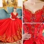 Classique Vintage / Originale Rouge Robe De Mariée 2019 Princesse Encolure Carrée Gonflée Manches Courtes Dos Nu Appliques En Dentelle Faux Diamant Chapel Train Volants