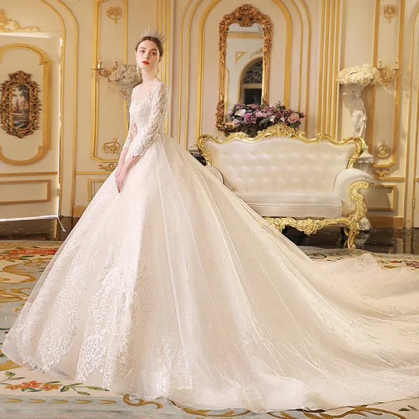 Best Ivory See-through Wedding Dresses 2019 Ball Gown Scoop Neck 3/4 Sleeve Backless Appliques Lace Glitter Cathedral Train Ruffle