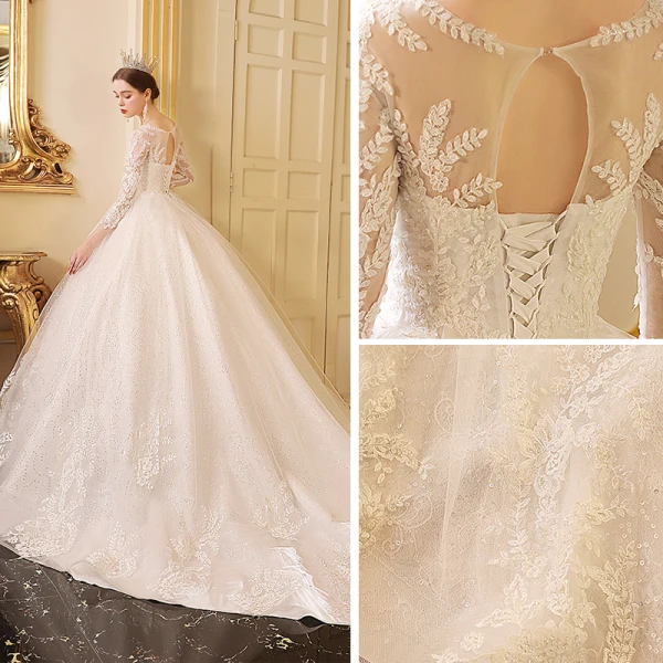 Best Ivory See-through Wedding Dresses 2019 Ball Gown Scoop Neck 3/4 Sleeve Backless Appliques Lace Glitter Cathedral Train Ruffle