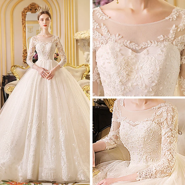 Best Ivory See-through Wedding Dresses 2019 Ball Gown Scoop Neck 3/4 Sleeve Backless Appliques Lace Glitter Cathedral Train Ruffle