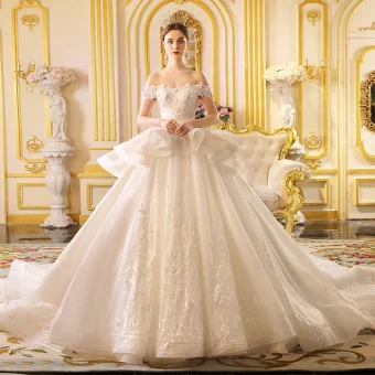 Luxury Gorgeous Ivory Wedding Dresses 2019 Princess Off The Shoulder Short Sleeve Backless Appliques Lace Glitter Tulle Cathedral Train Ruffle