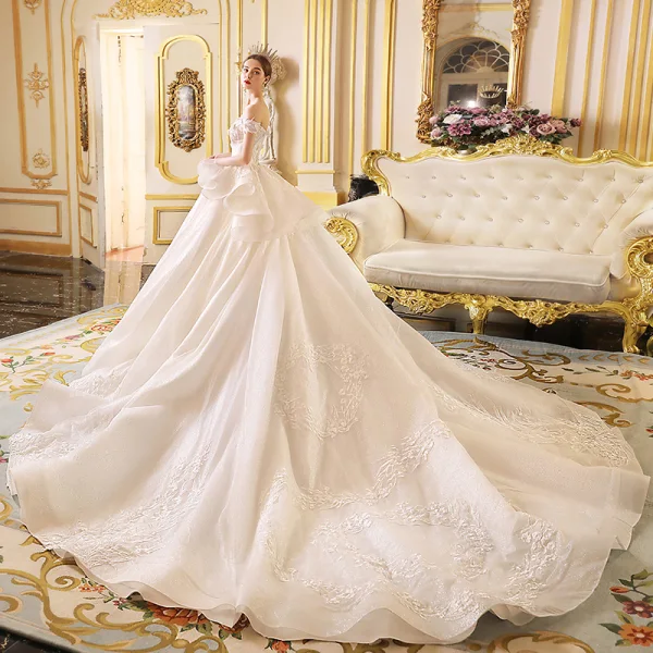 Luxury / Gorgeous Ivory Wedding Dresses 2019 Princess Off-The-Shoulder Short Sleeve Backless Appliques Lace Glitter Tulle Cathedral Train Ruffle