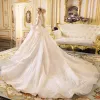 Luxury / Gorgeous Ivory Wedding Dresses 2019 Princess Off-The-Shoulder Short Sleeve Backless Appliques Lace Glitter Tulle Cathedral Train Ruffle