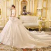 Luxury / Gorgeous Ivory Wedding Dresses 2019 Princess Off-The-Shoulder Short Sleeve Backless Appliques Lace Glitter Tulle Cathedral Train Ruffle