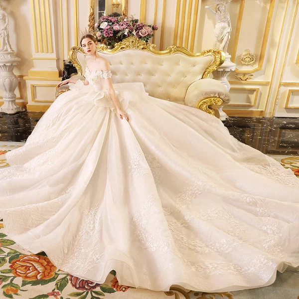 Luxury / Gorgeous Ivory Wedding Dresses 2019 Princess Off-The-Shoulder Short Sleeve Backless Appliques Lace Glitter Tulle Cathedral Train Ruffle