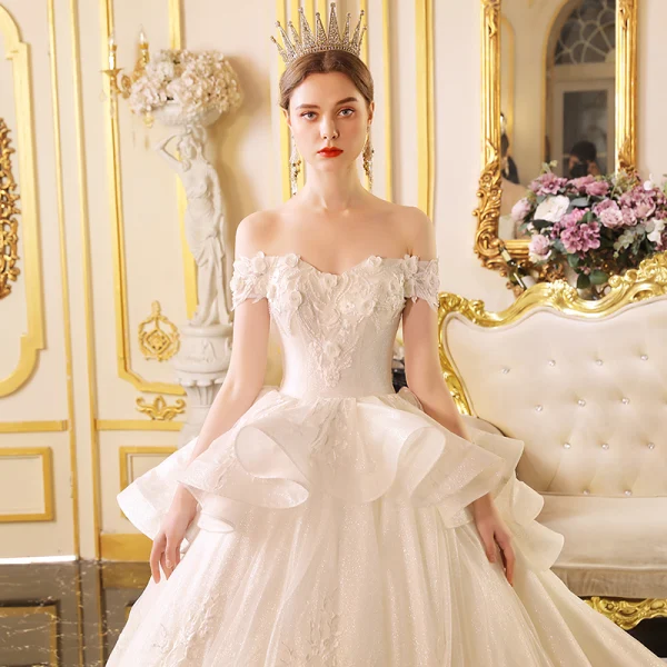 Luxury / Gorgeous Ivory Wedding Dresses 2019 Princess Off-The-Shoulder Short Sleeve Backless Appliques Lace Glitter Tulle Cathedral Train Ruffle