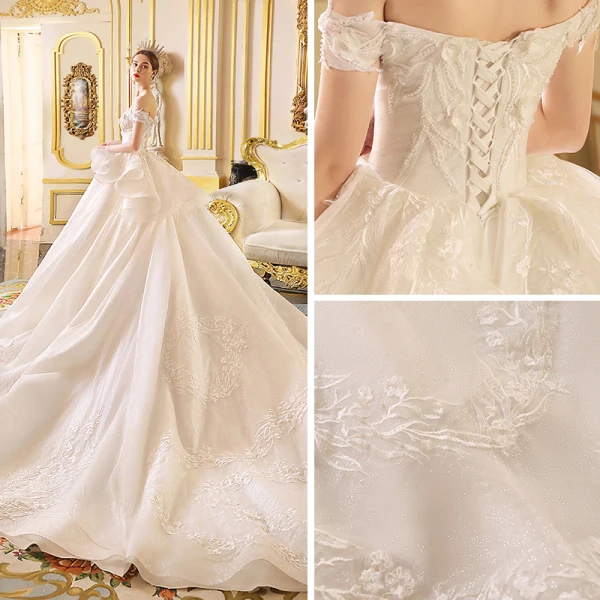 Luxury / Gorgeous Ivory Wedding Dresses 2019 Princess Off-The-Shoulder Short Sleeve Backless Appliques Lace Glitter Tulle Cathedral Train Ruffle