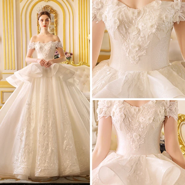 Luxury / Gorgeous Ivory Wedding Dresses 2019 Princess Off-The-Shoulder Short Sleeve Backless Appliques Lace Glitter Tulle Cathedral Train Ruffle