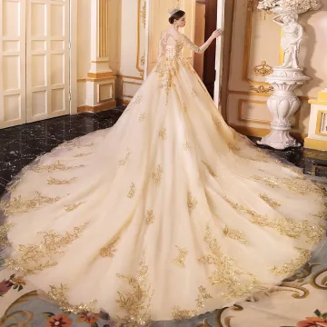 Lyx Champagne Genomskinliga Bröllopsklänningar 2019 Prinsessa V Hals 3 4 Ärm Halterneck Appliqués Spets Beading Paljetter Glittriga Glitter Tyll Cathedral Train Ruffle