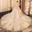 Luxe Champagne Transparentes Robe De Mariée 2019 Princesse V-Cou 3/4 Manches Dos Nu Appliques En Dentelle Perlage Paillettes Glitter Tulle Cathedral Train Volants