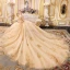 Luxe Champagne Transparentes Robe De Mariée 2019 Princesse V-Cou 3/4 Manches Dos Nu Appliques En Dentelle Perlage Paillettes Glitter Tulle Cathedral Train Volants