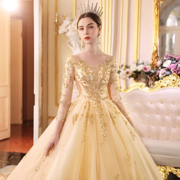 Luxe Champagne Transparentes Robe De Mariée 2019 Princesse V-Cou 3/4 Manches Dos Nu Appliques En Dentelle Perlage Paillettes Glitter Tulle Cathedral Train Volants