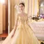 Luxe Champagne Transparentes Robe De Mariée 2019 Princesse V-Cou 3/4 Manches Dos Nu Appliques En Dentelle Perlage Paillettes Glitter Tulle Cathedral Train Volants