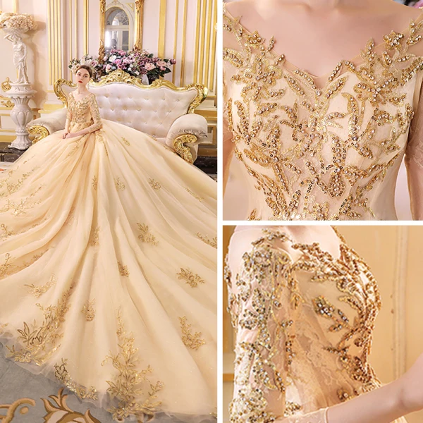 Luxe Champagne Transparentes Robe De Mariée 2019 Princesse V-Cou 3/4 Manches Dos Nu Appliques En Dentelle Perlage Paillettes Glitter Tulle Cathedral Train Volants